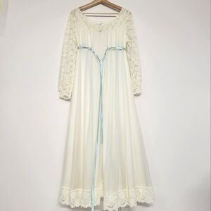 Classic Ivory Lace Nightgown with Blue Ribbon